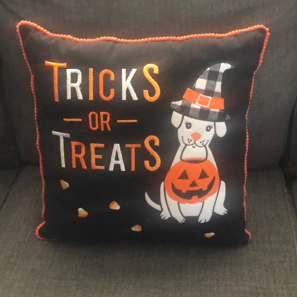 Halloween decoration,black pillow with tricks or treats print.